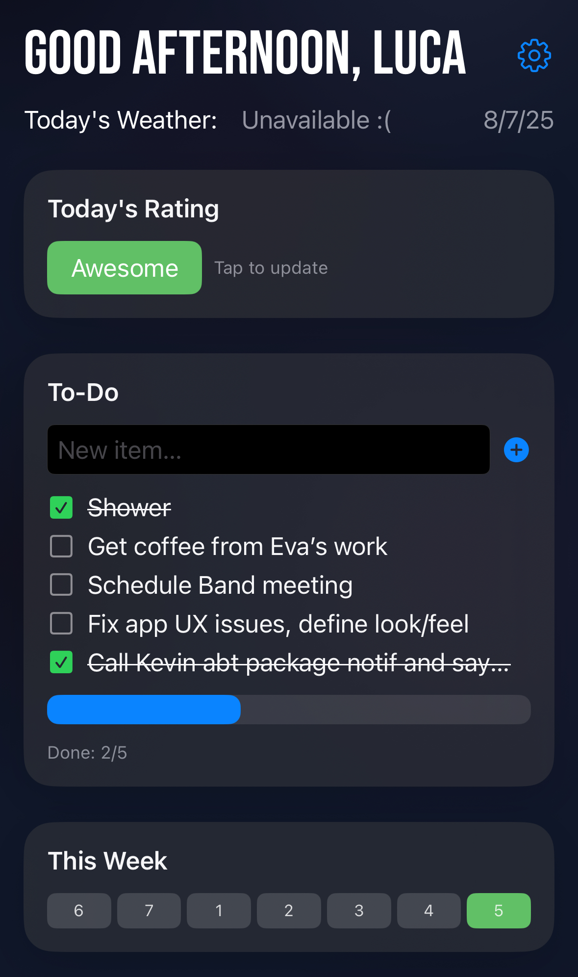 Today app dashboard with daily rating, to-do list and weekly mood